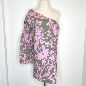Alia Blue One Shoulder Ruffled Shift Dress Womens Small Gray Pink Floral Mini
